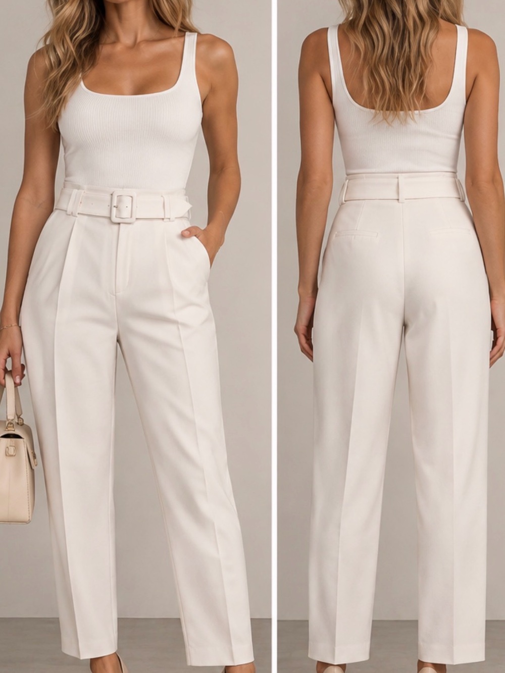 Express Cream High-Rise Belted Straight Trousers